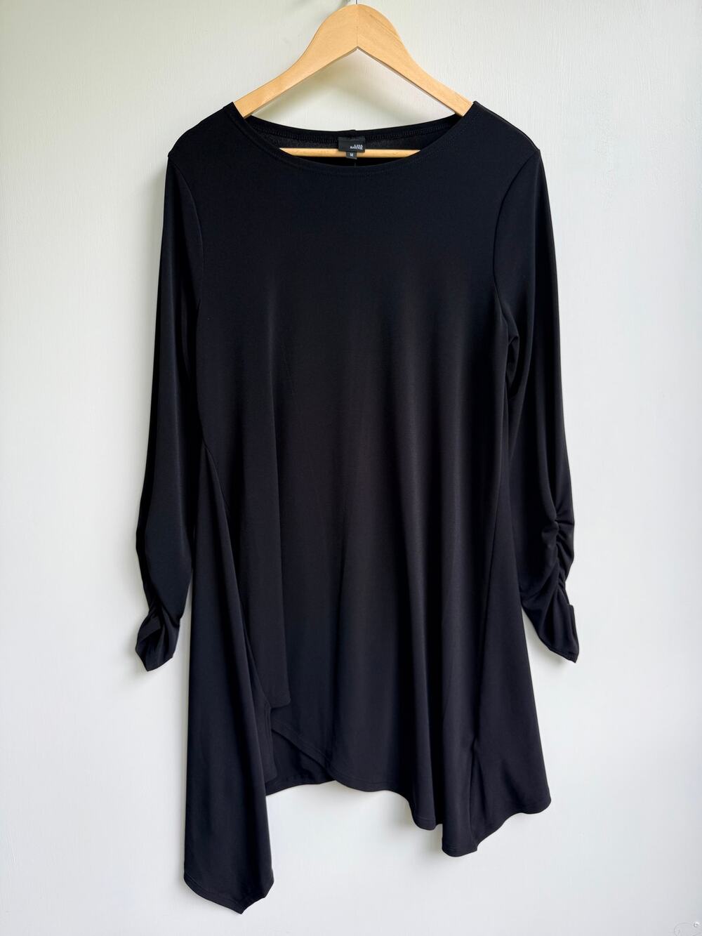 Lisa Bayne Black Asymmetrical Hem Tunic Dress Medium Lagenlook Long Sleeve